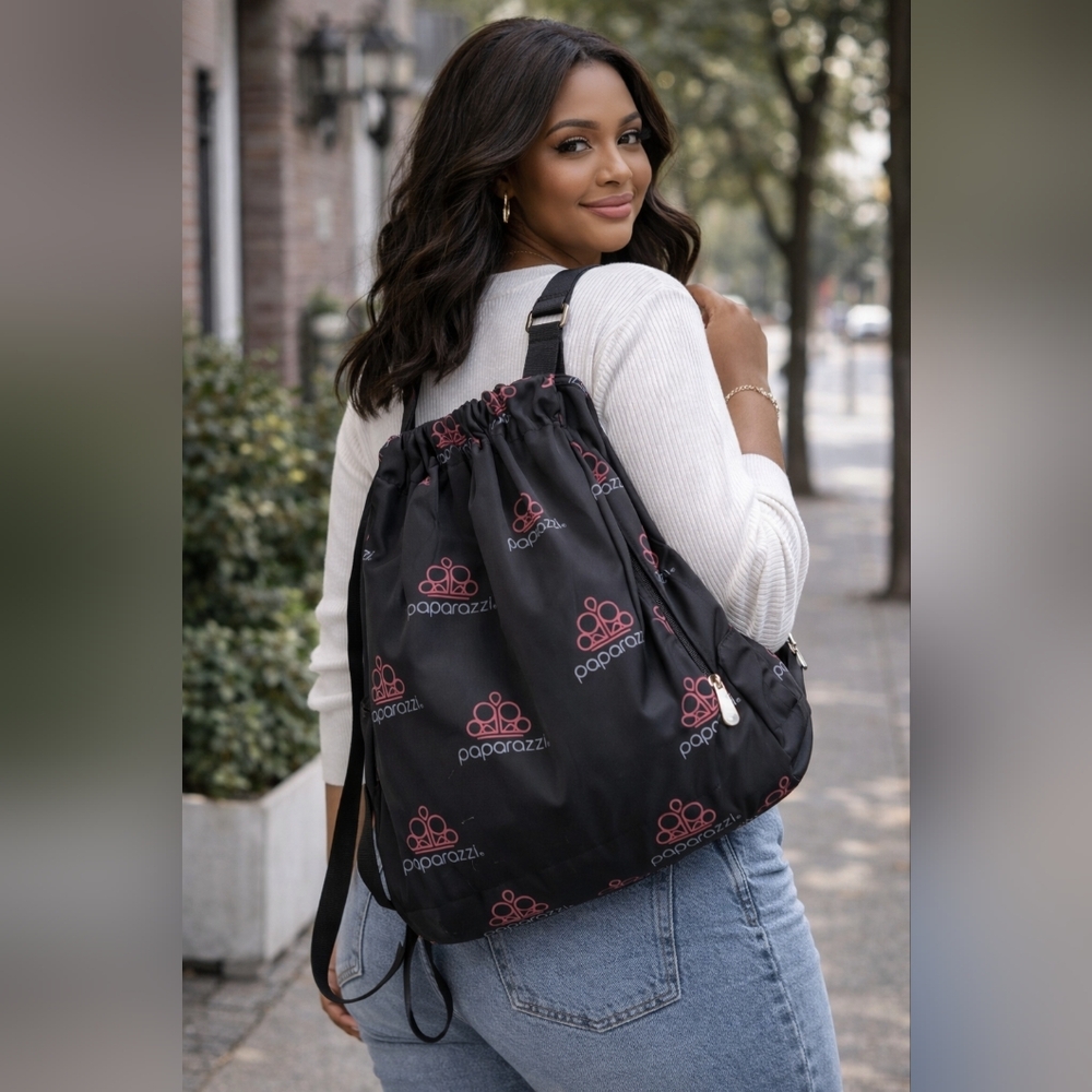 Paparazzi Black and Pink Logo Drawstring Backpack 16x16
